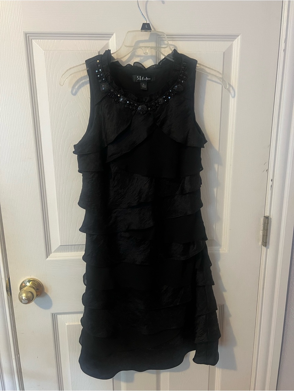 S.L. Fashions Black Tiered Ruffle Dress with Beaded Neckline